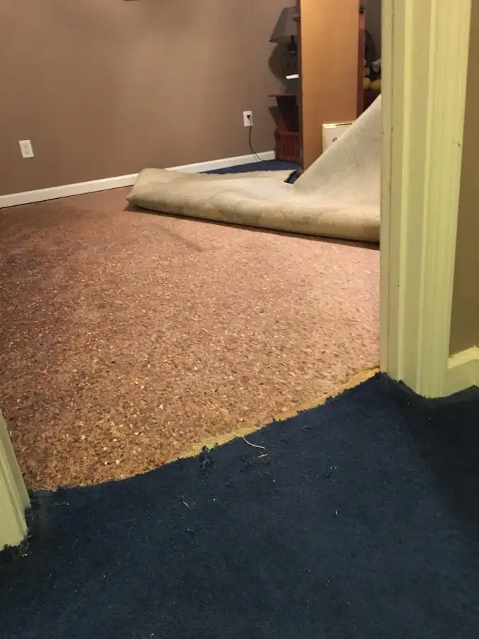 Carpet pad removal revealing water damage during Water Mitigation Services in South Whittier