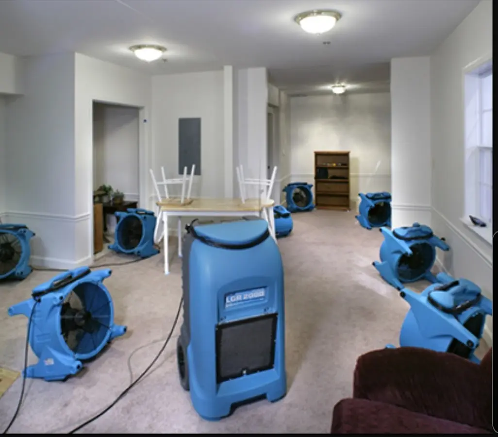 Air movers and dehumidifier setup for Water Damage Restoration in South Whittier